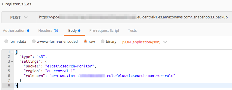 Registering S3 repository for AWS ES using Postman -message body